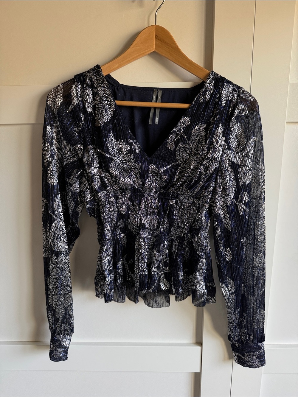 Anthropologie Navy Floral Metallic V-Neck Blouse - Brand Not Visible